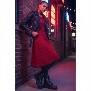 Red Black Plaid Tweed Knit Dress Fringe Hem 3/4 Sleeve Fit & Flare 90s Office